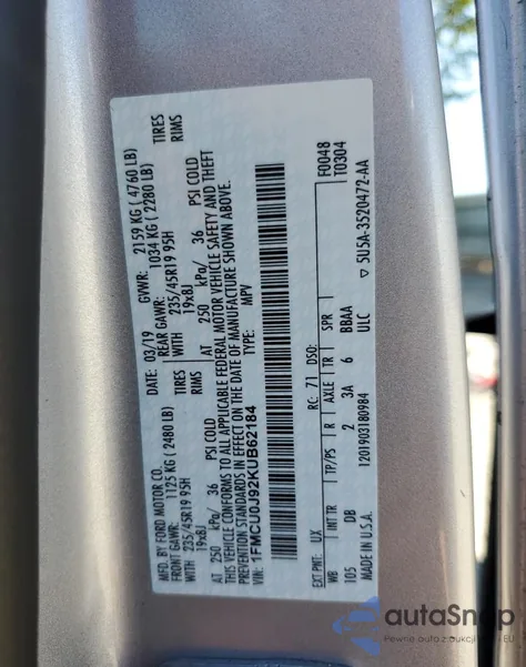 2019 Ford Escape Titanium из США, поврежденный, VIN 1FMCU0J92KUB62184